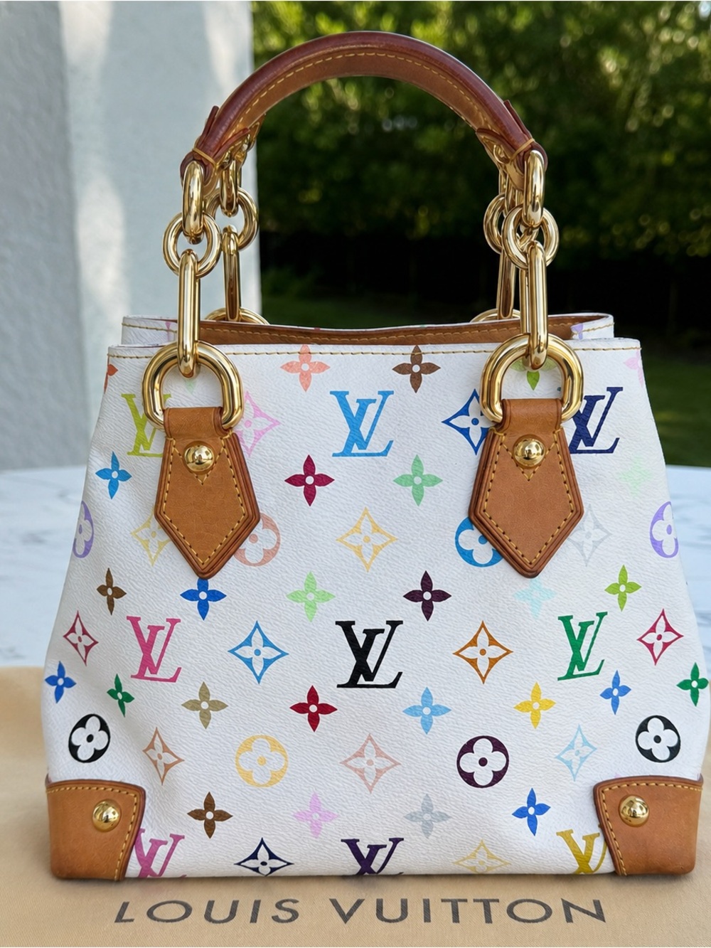 Louis Vuitton White Multicolor Monogram Satchel with Tan Trim